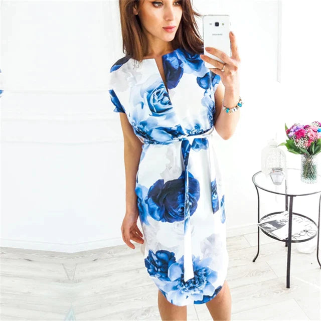 Floral Print Beach Dress With Belt - XD21