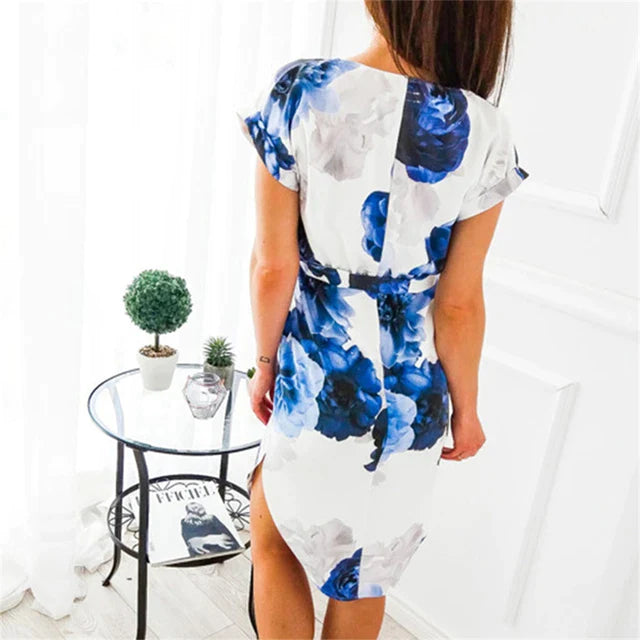 Floral Print Beach Dress With Belt - XD21