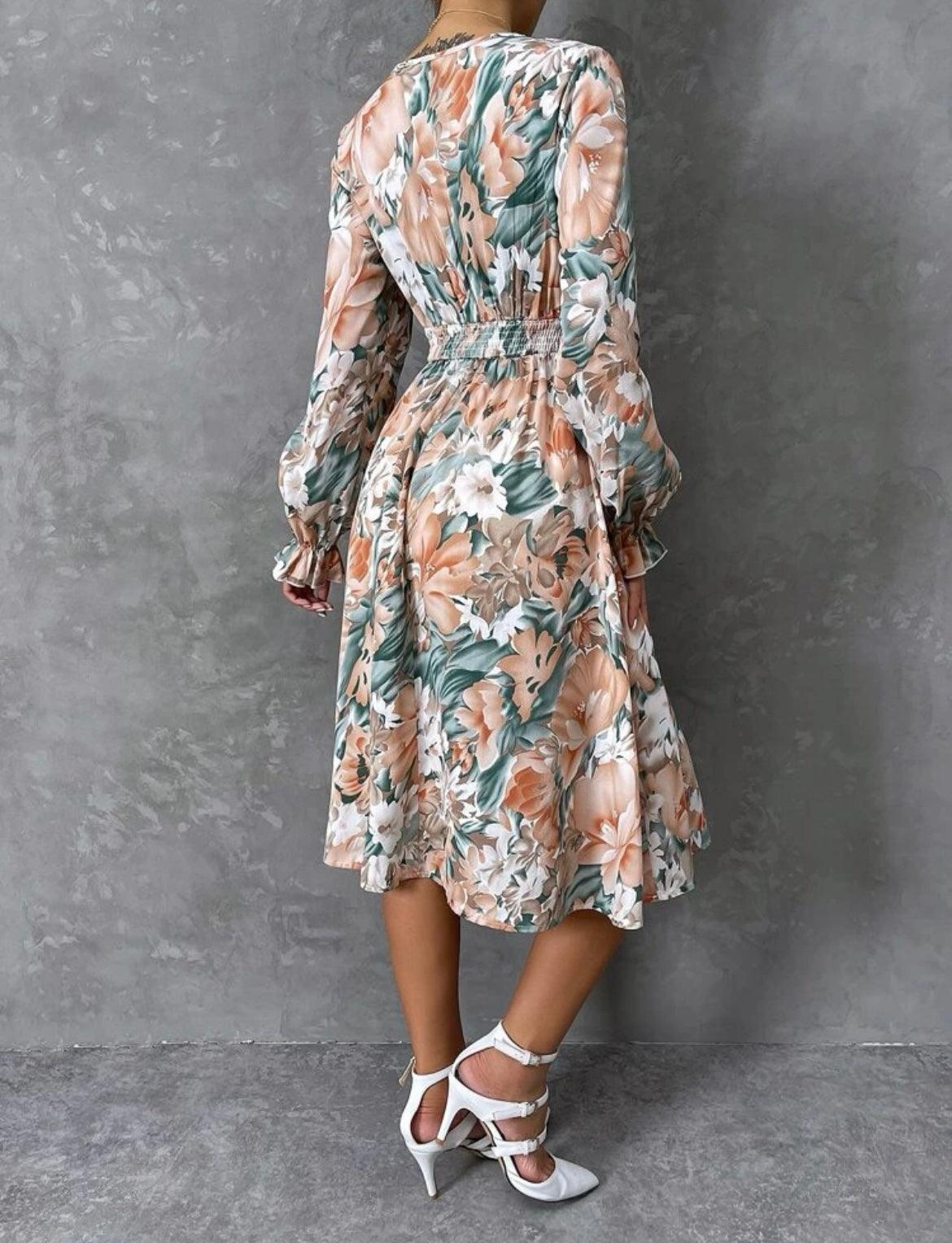 Floral Print Flounce Sleeve Dress - XD21