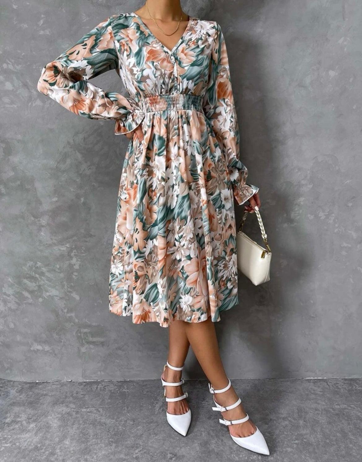 Floral Print Flounce Sleeve Dress - XD21