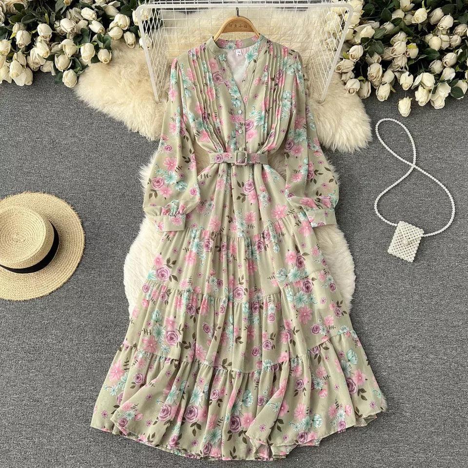 Chiffon Print Long Ruffles Dress Green / S