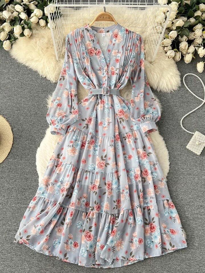 Chiffon Print Long Ruffles Dress Blue / S