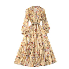 Chiffon Print Long Ruffles Dress Yellow / S