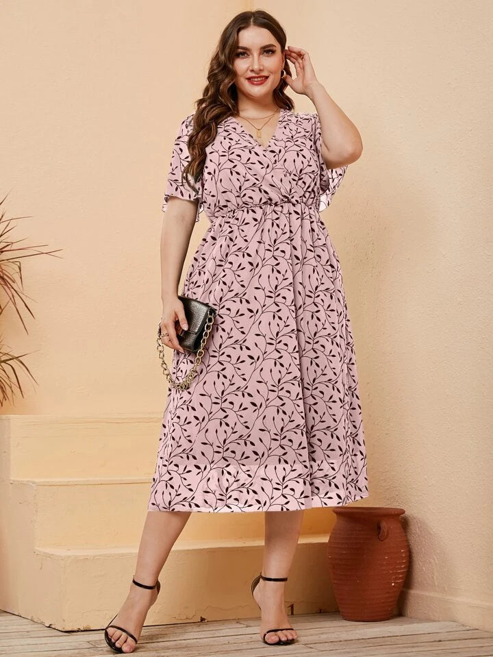 Floral Print Neck Butterfly Sleeve Dress XD21