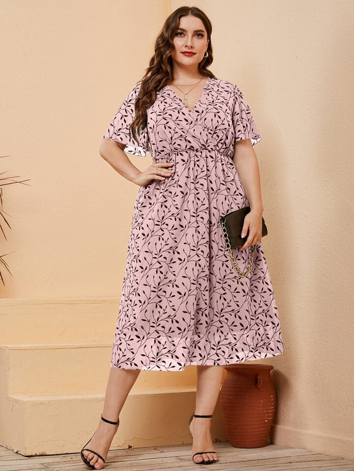 Floral Print Neck Butterfly Sleeve Dress XD21