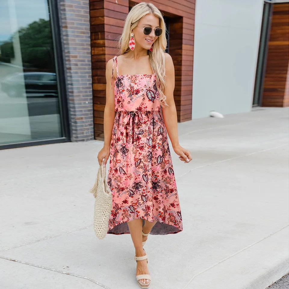 Floral Print Sling Elastic Waist Drawstring Midi Dress XD21