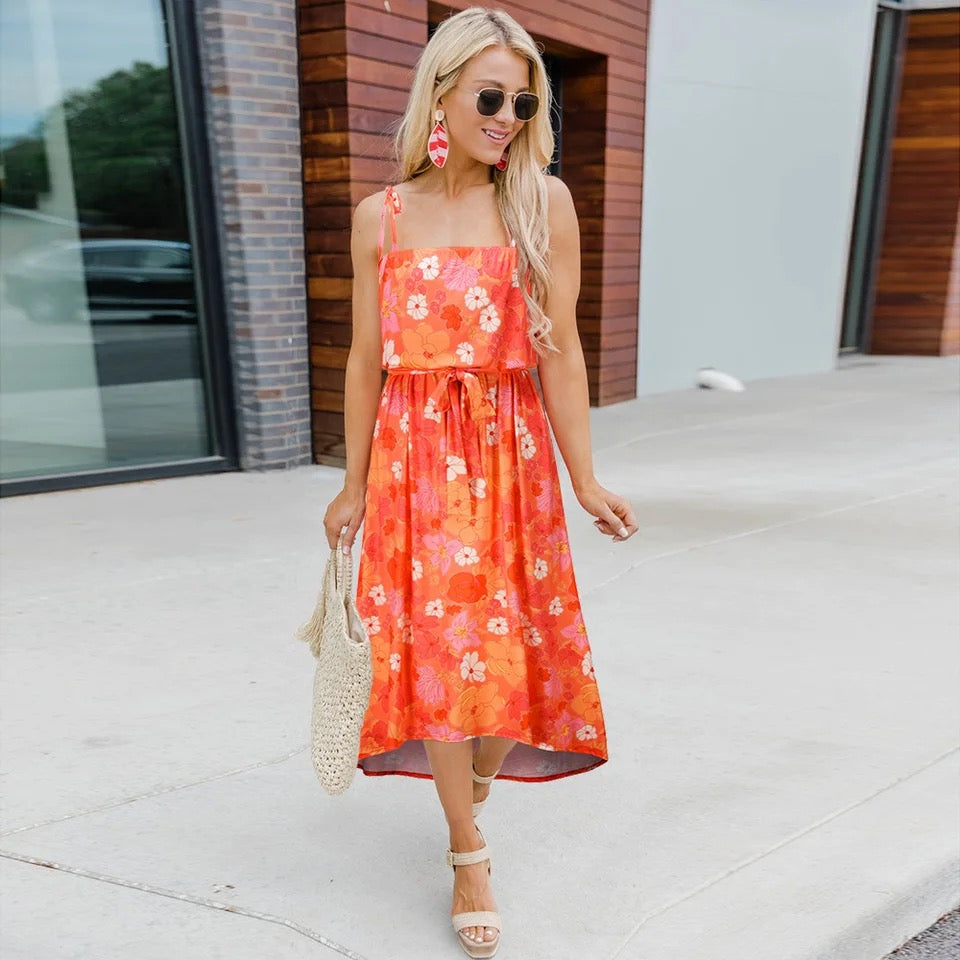 Floral Print Sling Elastic Waist Drawstring Midi Dress XD21