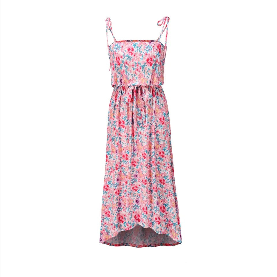 Floral Print Sling Elastic Waist Drawstring Midi Dress XD21