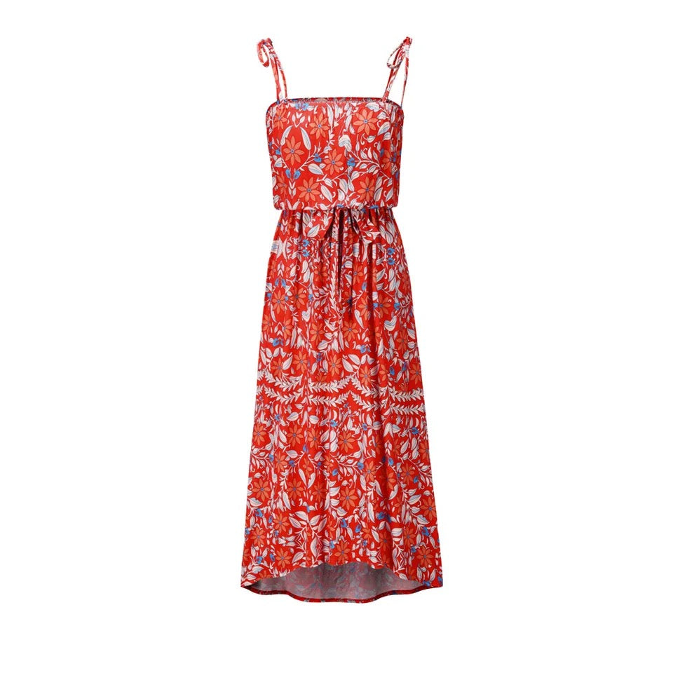 Floral Print Sling Elastic Waist Drawstring Midi Dress XD21