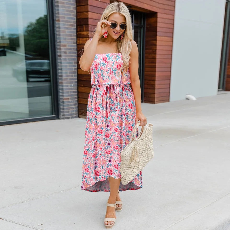 Floral Print Sling Elastic Waist Drawstring Midi Dress XD21