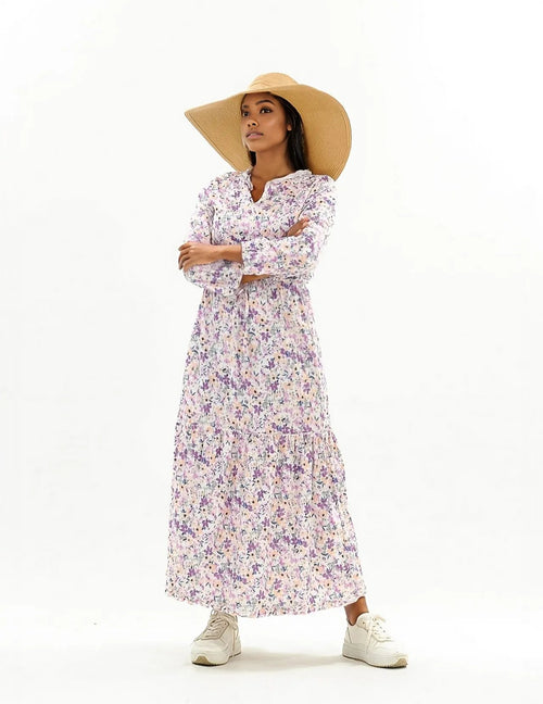 Floral Printed Long Sleeve Ruffle Dress XD21