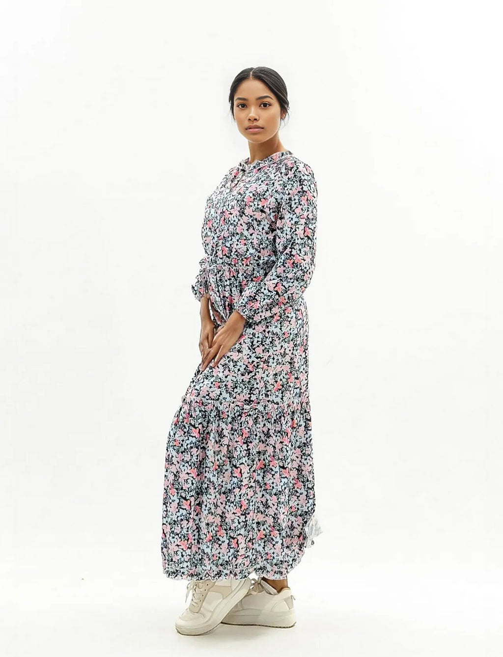Floral Printed Long Sleeve Ruffle Dress XD21