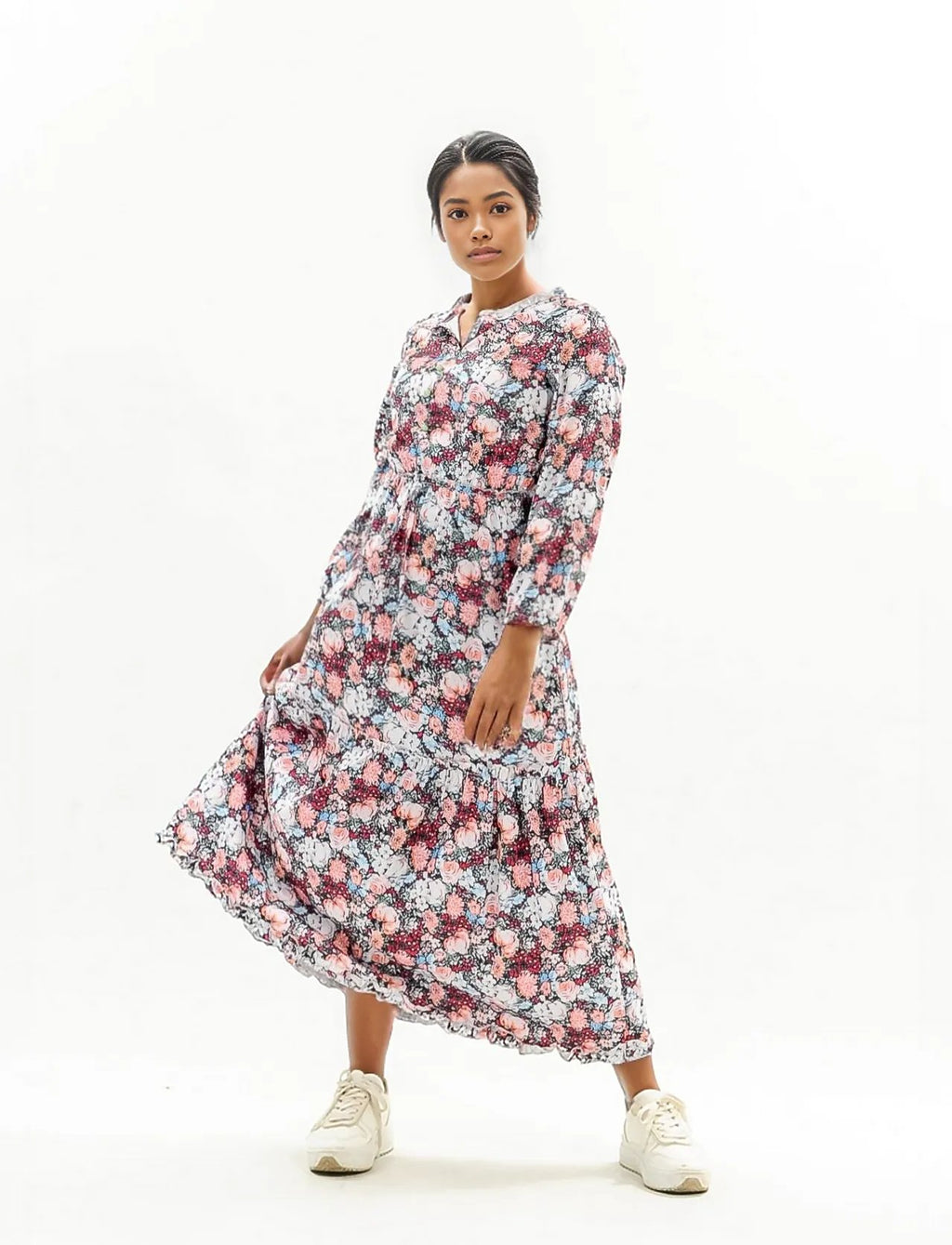 Floral Printed Long Sleeve Ruffle Dress XD21