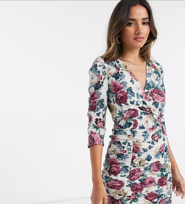 Floral Ruched Short Sleeve Mini  Bodycon Dress