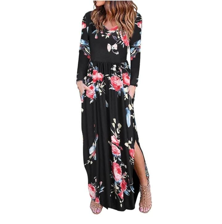 Floral Summer Long Sleeve Maxi Dress With Slits XD21