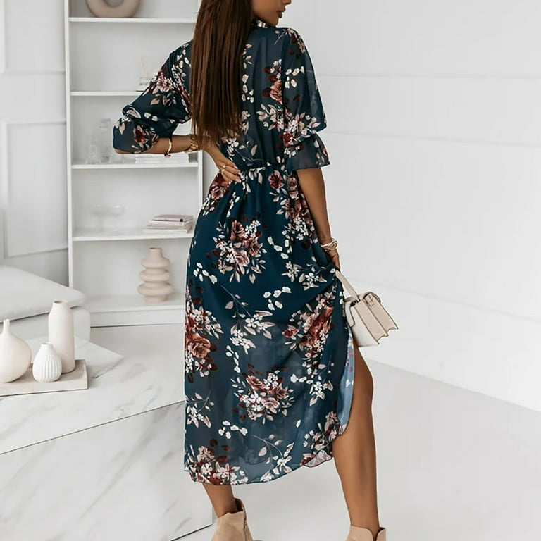 Floral V Neck Midi Dress with Slit XD21