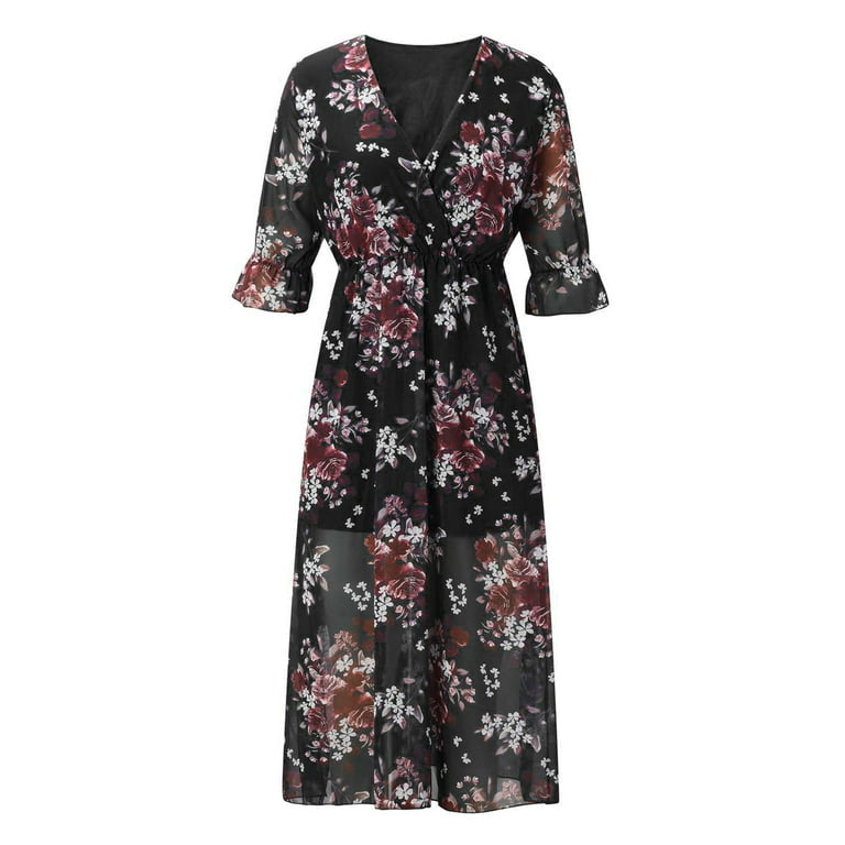 Floral V Neck Midi Dress with Slit XD21