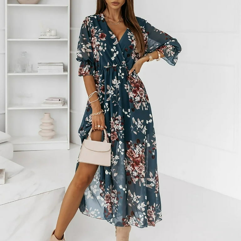 Floral V Neck Midi Dress with Slit XD21