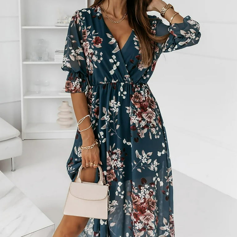 Floral V Neck Midi Dress with Slit XD21