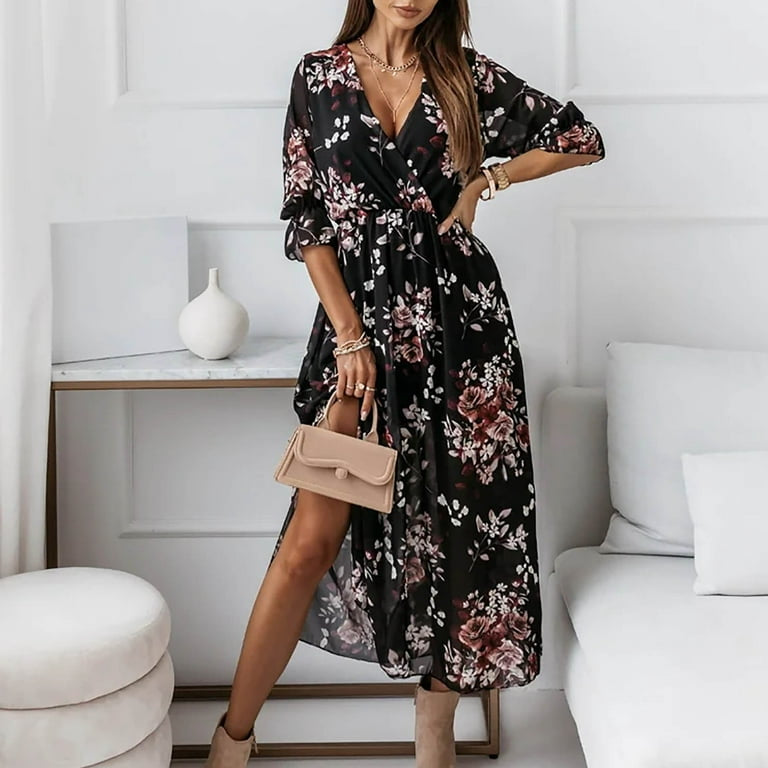 Floral V Neck Midi Dress with Slit XD21