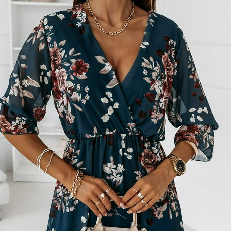 Floral V Neck Midi Dress with Slit XD21