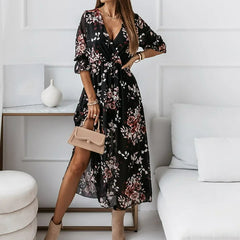 Floral V Neck Midi Dress with Slit XD21