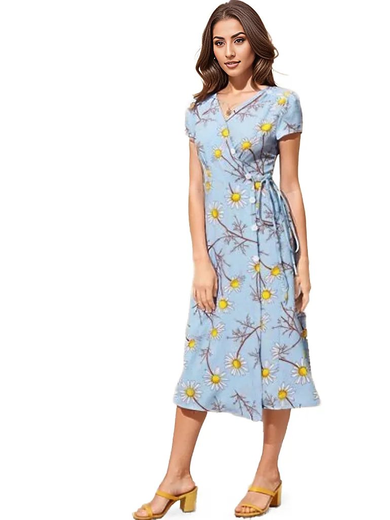 Floral Wrap Button Midi Dress XD21