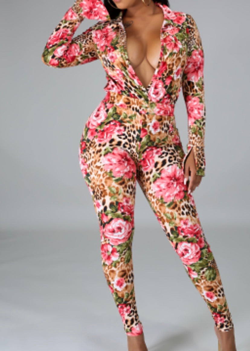 Floral leopard long jumpsuit XD21