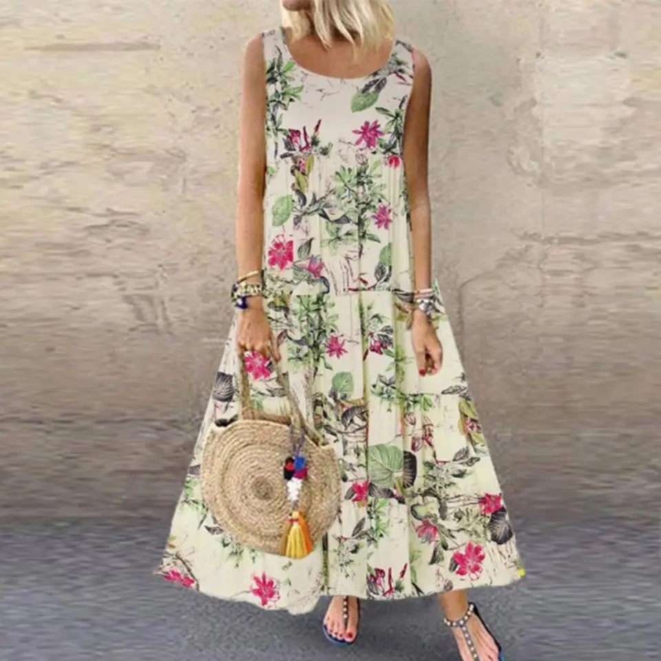 Flower Printed Loose Hem Lady Summer Dress XD21