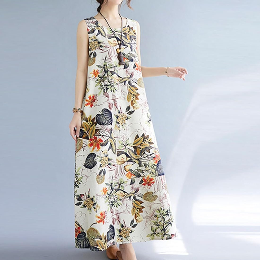 Flower Printed Loose Hem Lady Summer Dress - XD21