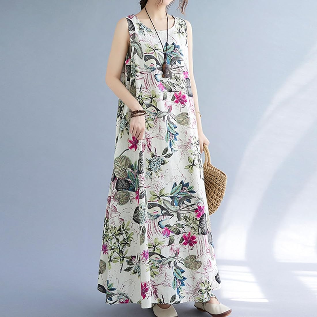 Flower Printed Loose Hem Lady Summer Dress XD21