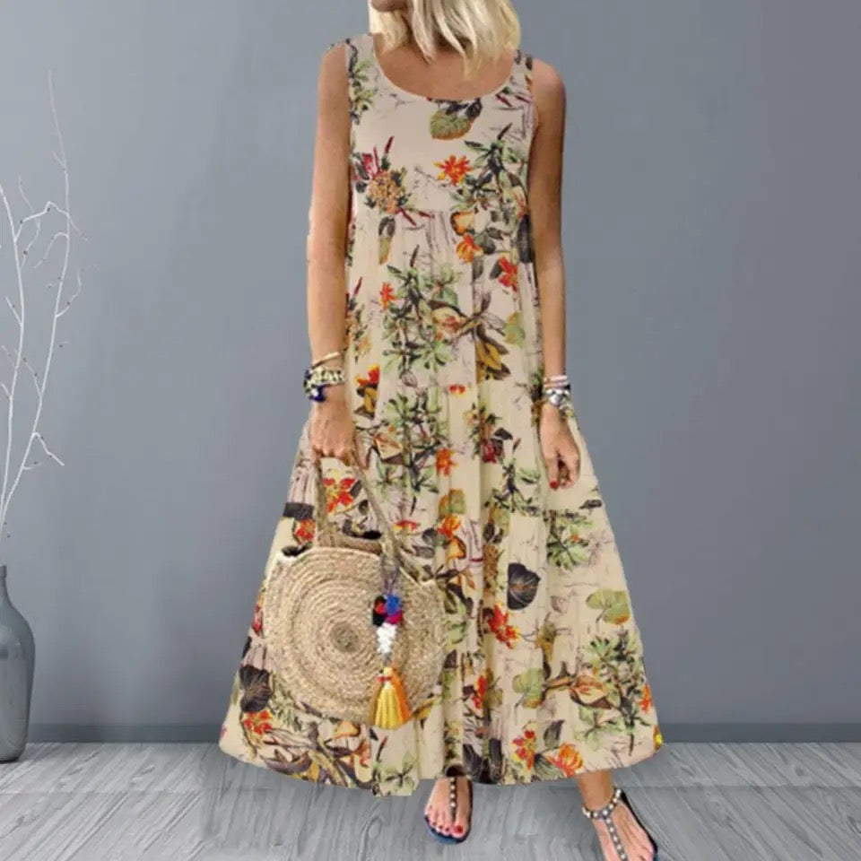 Flower Printed Loose Hem Lady Summer Dress XD21