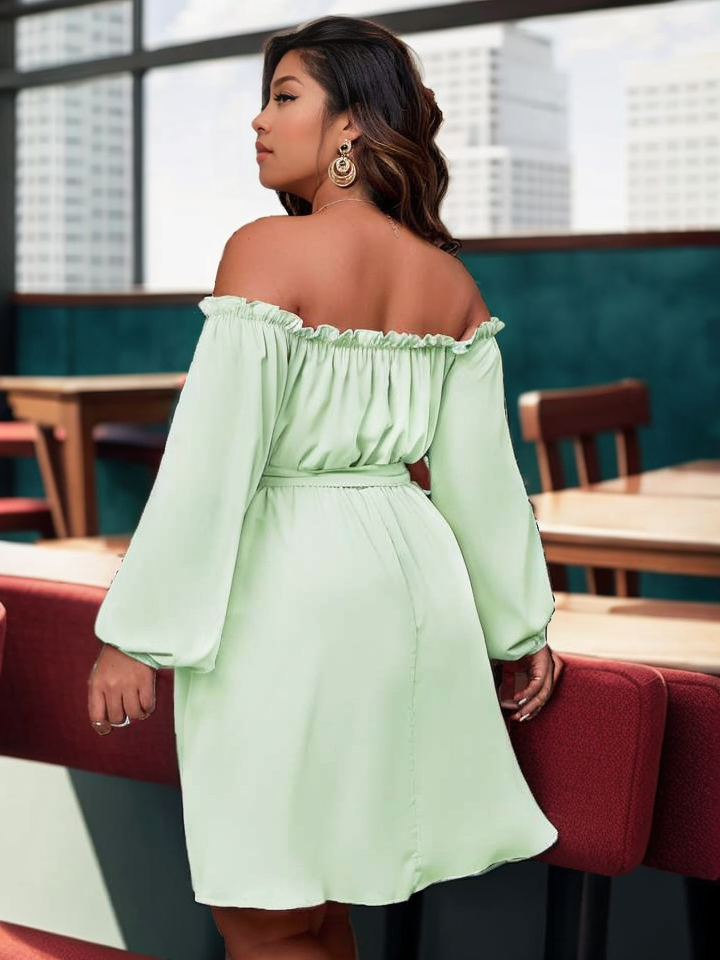 Frill off shoulder mini dress with belt XD21