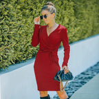 Front Drawstring V Neck Ribbed Knitted Dress - XD21