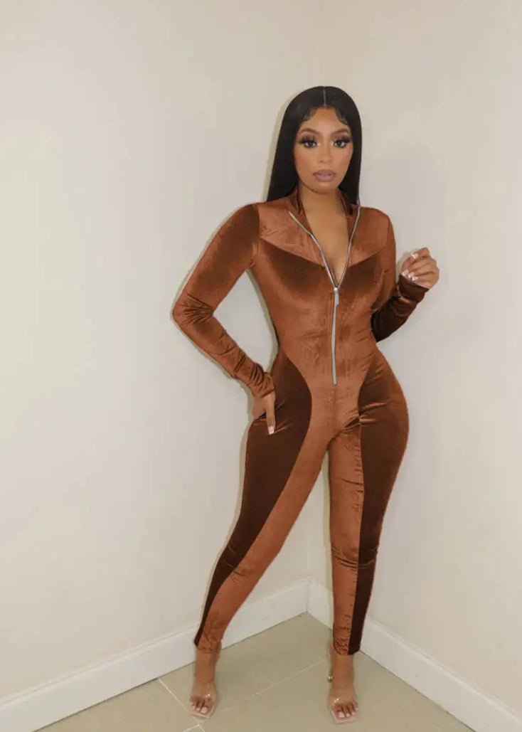 Full Boddy Zipper Bodycon Velvet Jumpsuit XD21
