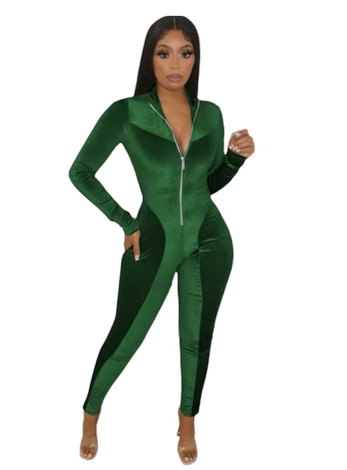 Full Boddy Zipper Bodycon Velvet Jumpsuit XD21