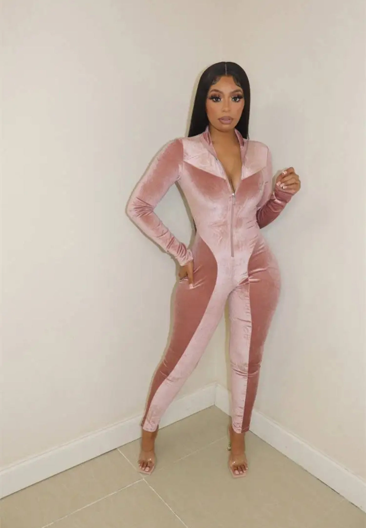 Full Boddy Zipper Bodycon Velvet Jumpsuit XD21