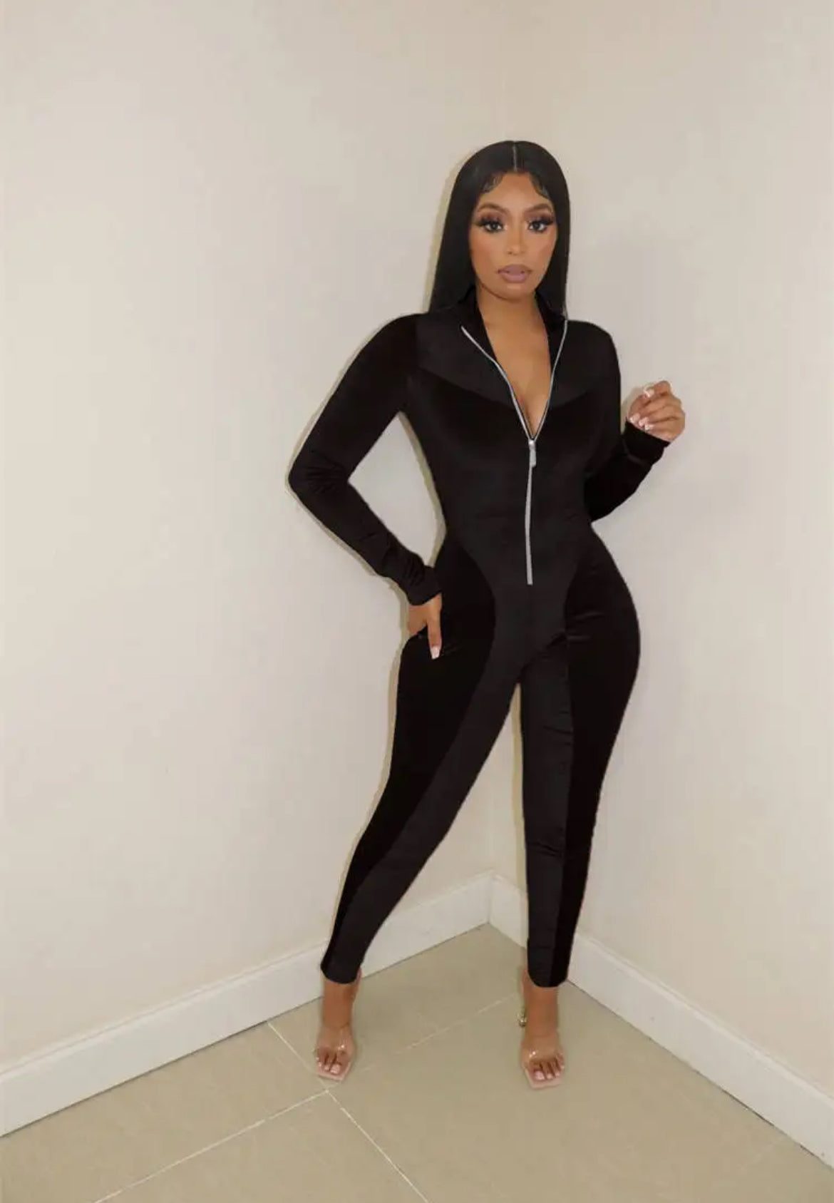 Full Boddy Zipper Bodycon Velvet Jumpsuit XD21