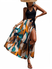 Geo Print Ruched Tie Backless Cami Top Split Thigh Skirt Set