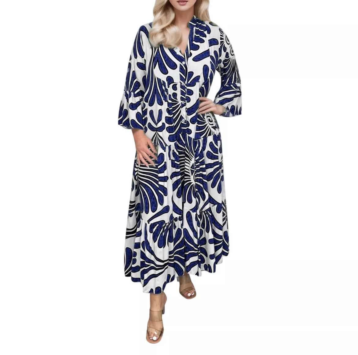 Geometric Midi Button Shirt Dress XD21