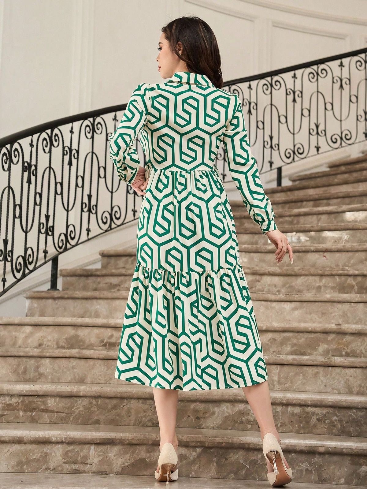 Geometric Midi Button Shirt Dress XD21