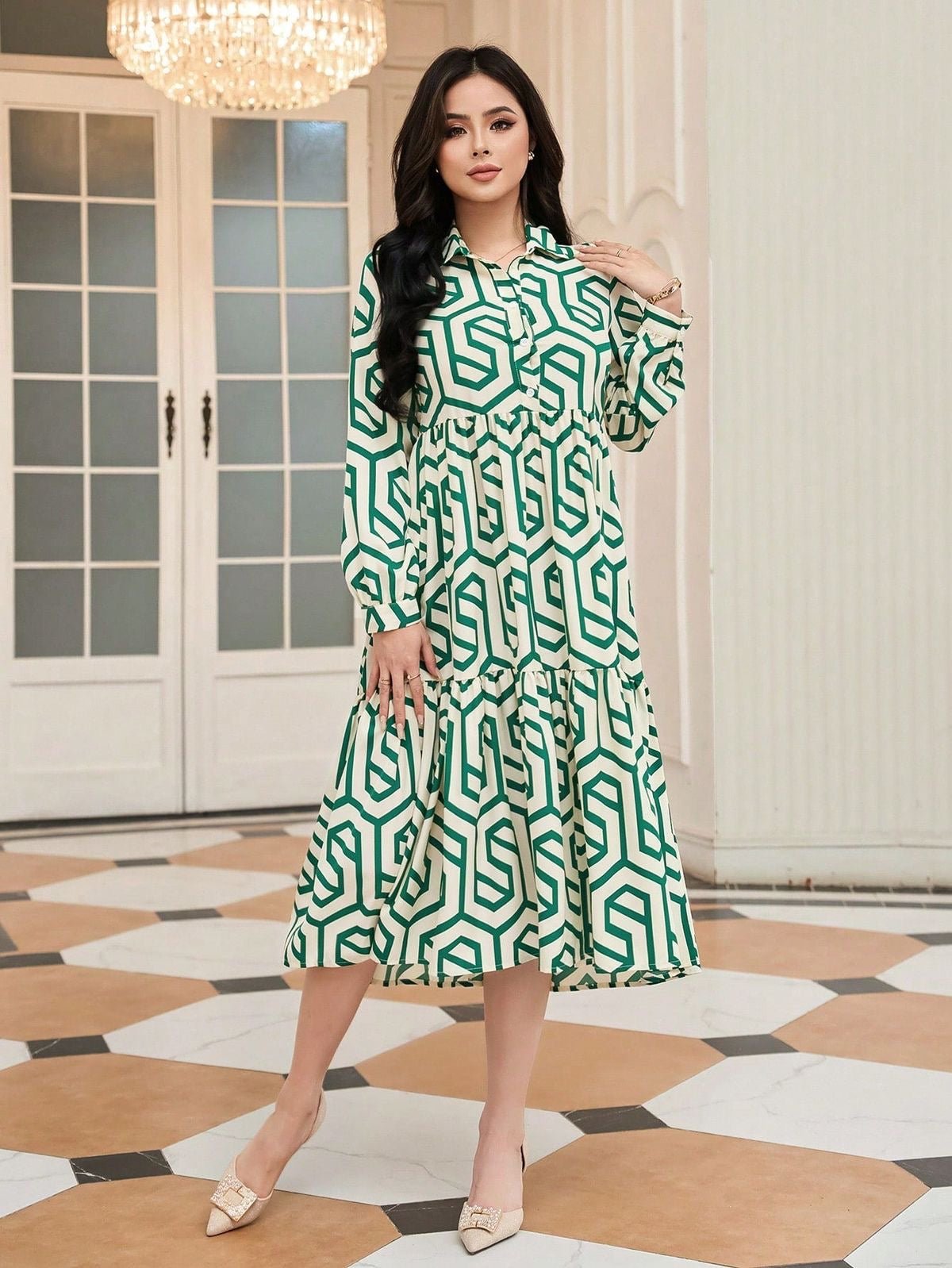 Geometric Midi Button Shirt Dress XD21