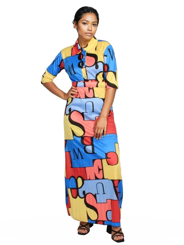 Geometric Pleated Button Maxi Dress