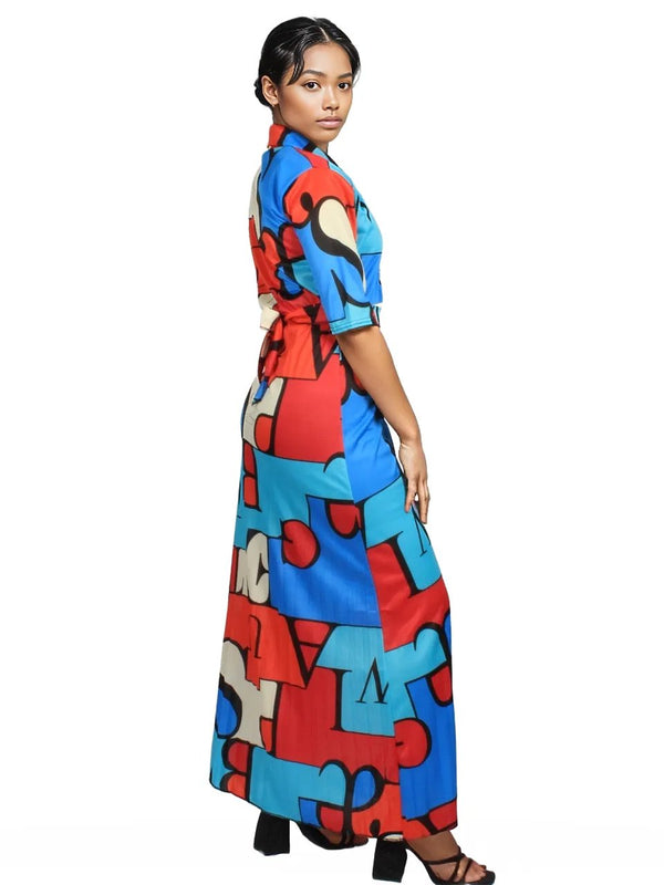 Geometric Pleated Button Maxi Dress