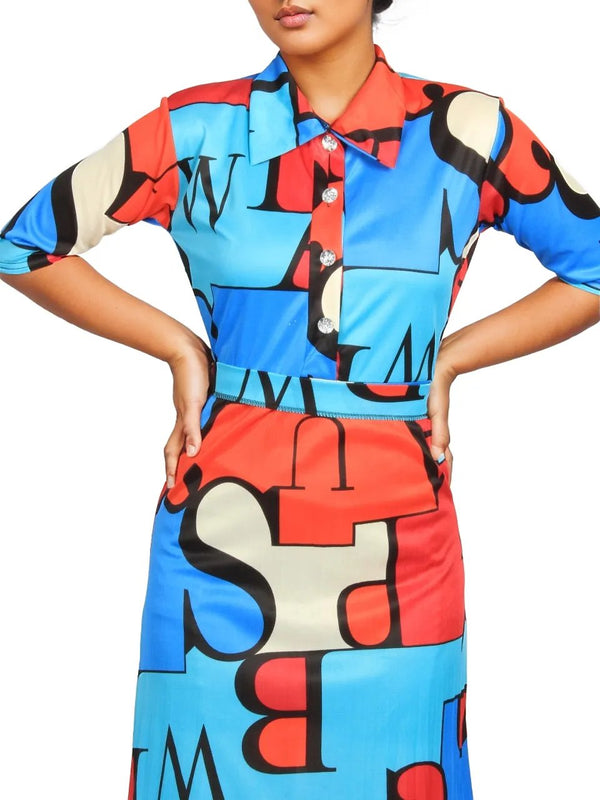 Geometric Pleated Button Maxi Dress