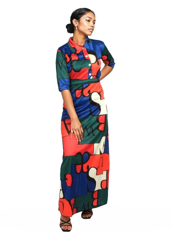Geometric Pleated Button Maxi Dress