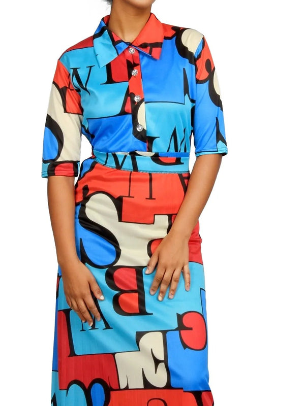 Geometric Pleated Button Maxi Dress
