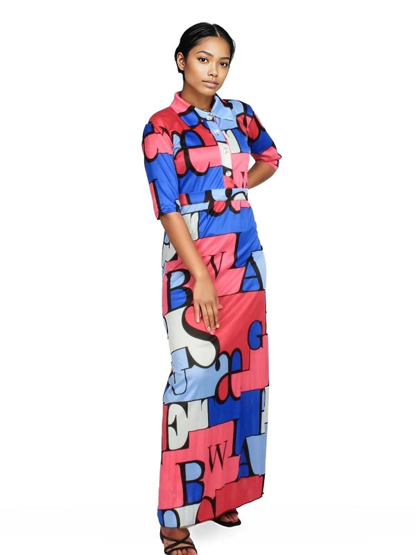 Geometric Pleated Button Maxi Dress