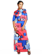 Geometric Pleated Button Maxi Dress XD21