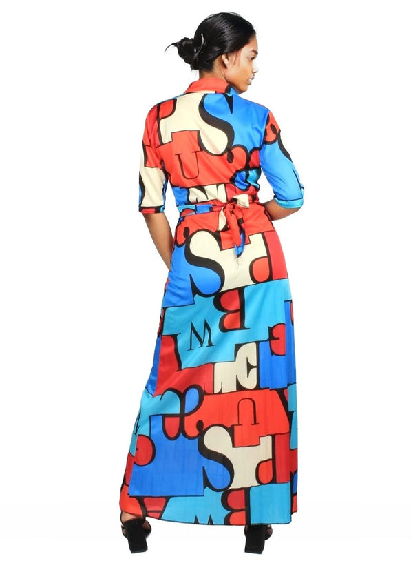Geometric Pleated Button Maxi Dress